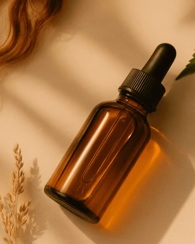 Flacon du Sérum Ovaïa posé parmi des feuilles d'ortie et une mèche de cheveux